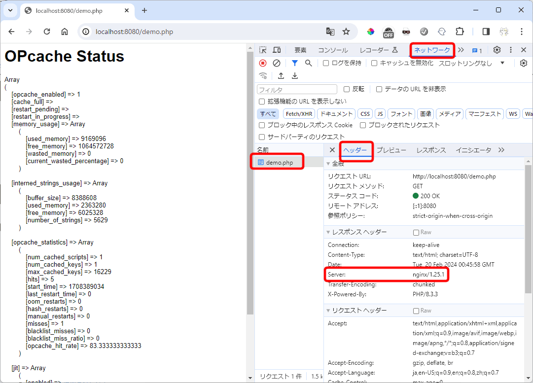 ChromeのNetworkタブでNginxのバージョンを確認