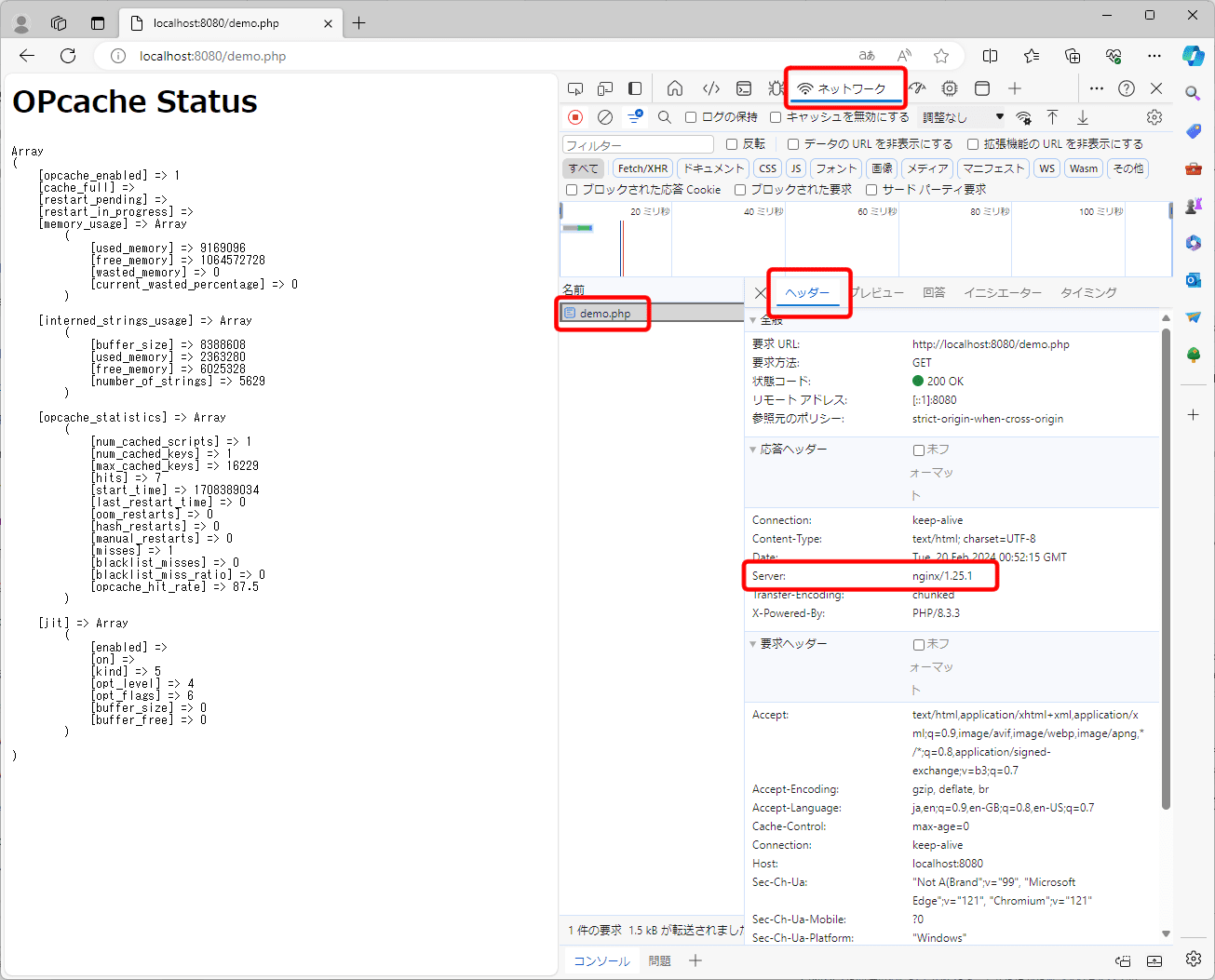 EdgeのNetworkタブでNginxのバージョンを確認