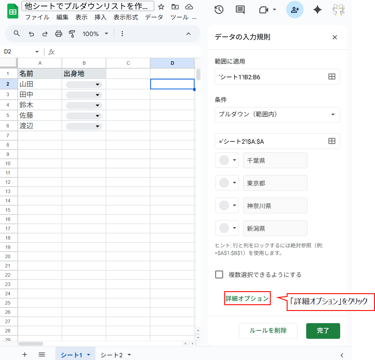 「データの入力規則」の一番下にある「詳細オプション」をクリック