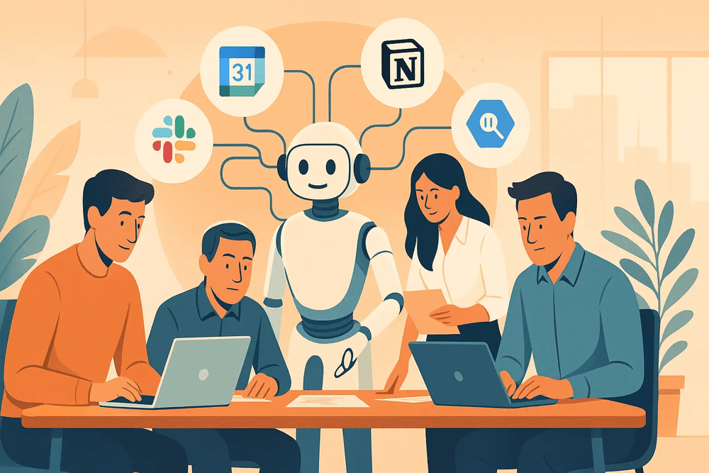 図: AIエージェント（中央）がSlackやカレンダー、Notionなど複数ツールに接続し、チームの業務自動化を支援する概念図。