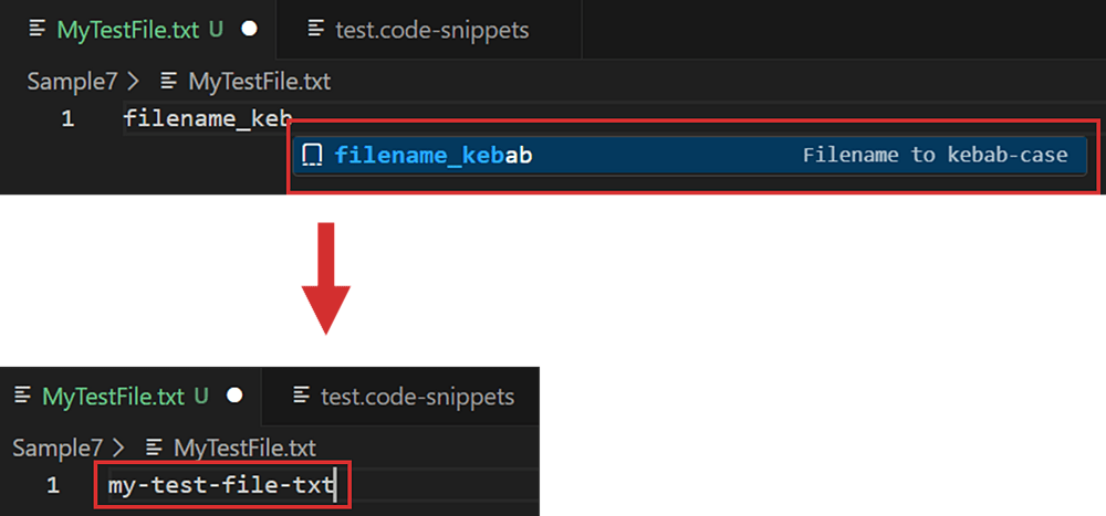VSCode1.108 - kebabcase のスニペット変換を使用してファイル名をケバブケース形式に変換