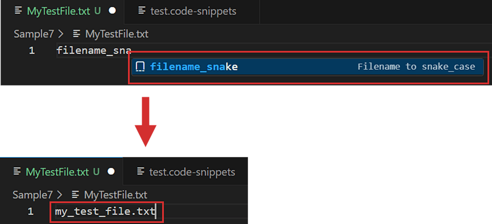 VSCode1.108 - snakecase のスニペット変換を使用してファイル名をスネークケース形式に変換