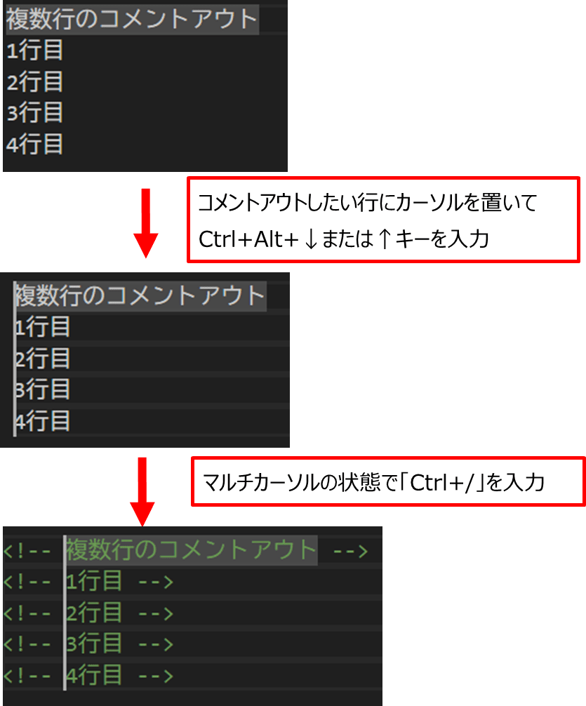 マルチカーソルモードで複数行を1行ずつ一括コメントアウト